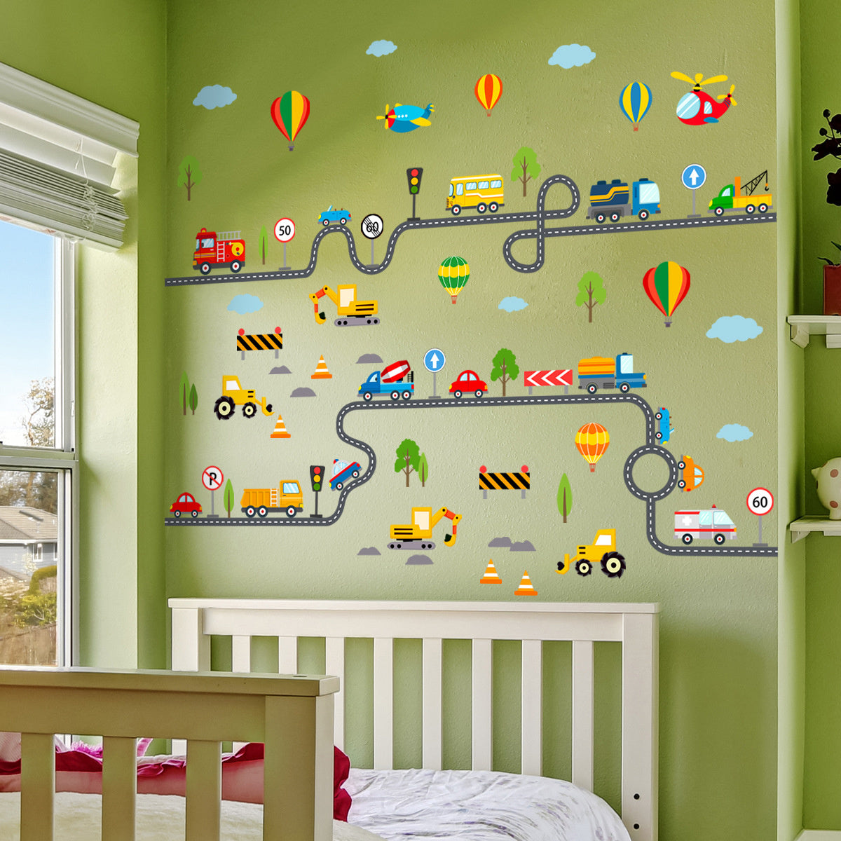 Muursticker auto weg kinderkamer voertuigen 121x91 cm