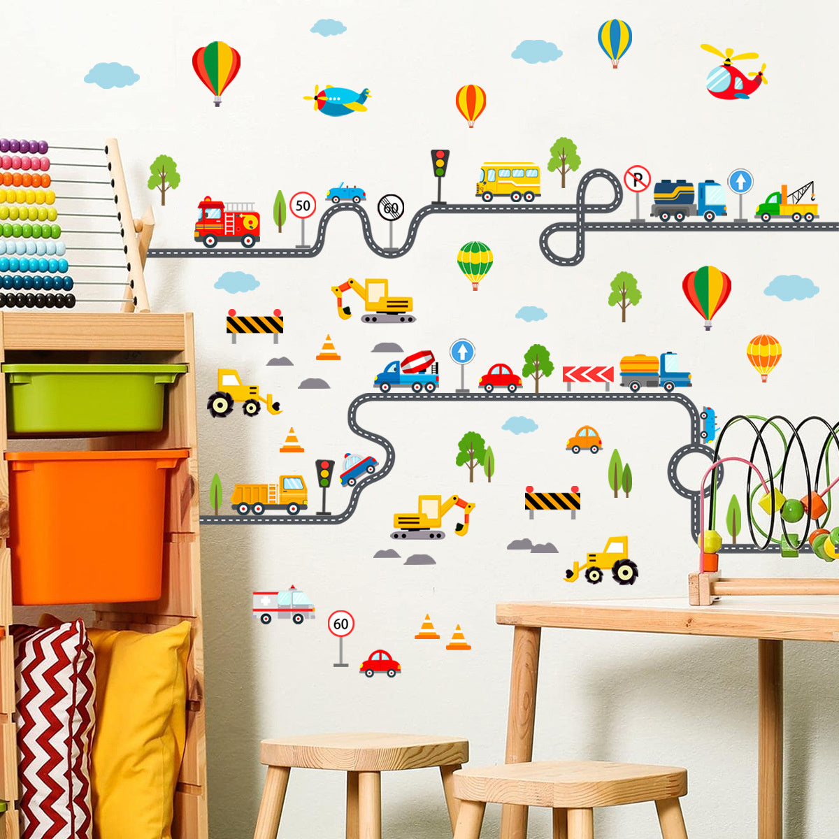 Muursticker auto weg kinderkamer voertuigen 121x91 cm