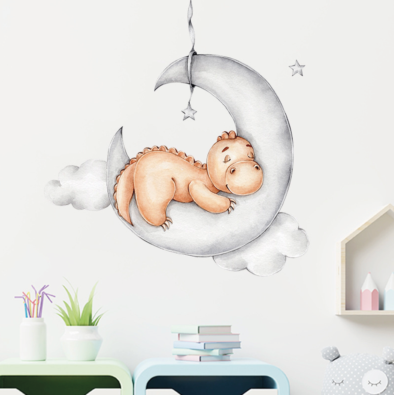 Muursticker babykamer dino op maan