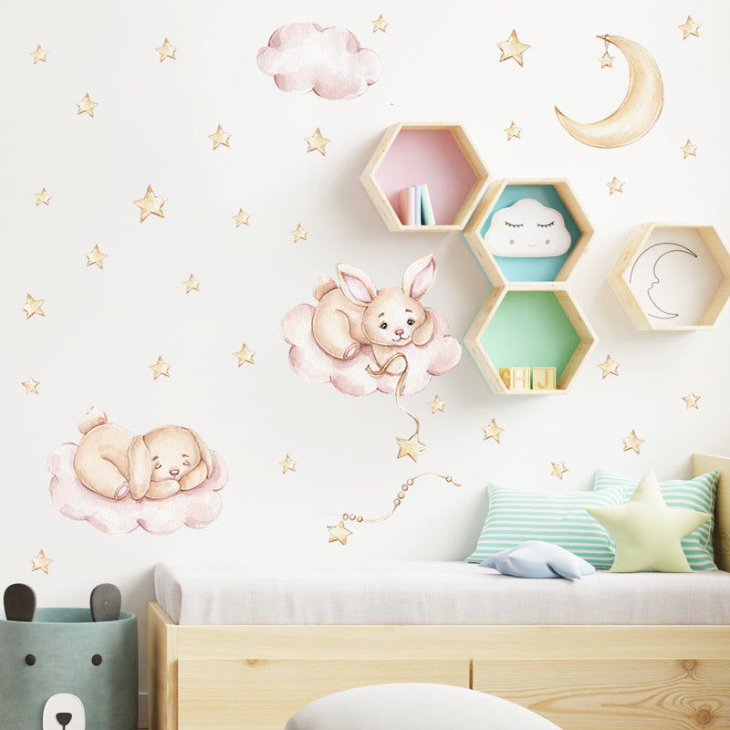 Muursticker babykamer konijnen wolkjes en maan
