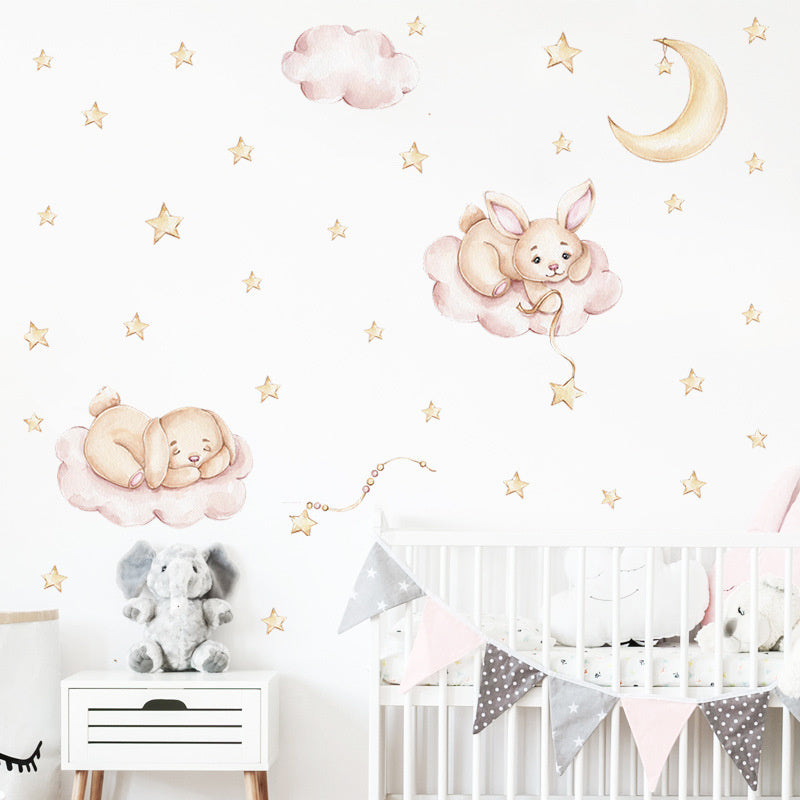 Muursticker babykamer konijnen wolkjes en maan