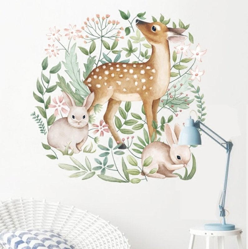 Muursticker bambi hert en konijntjes in bos kinderkamer