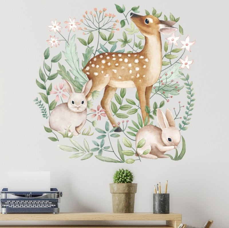 Muursticker bambi hert en konijntjes in bos kinderkamer