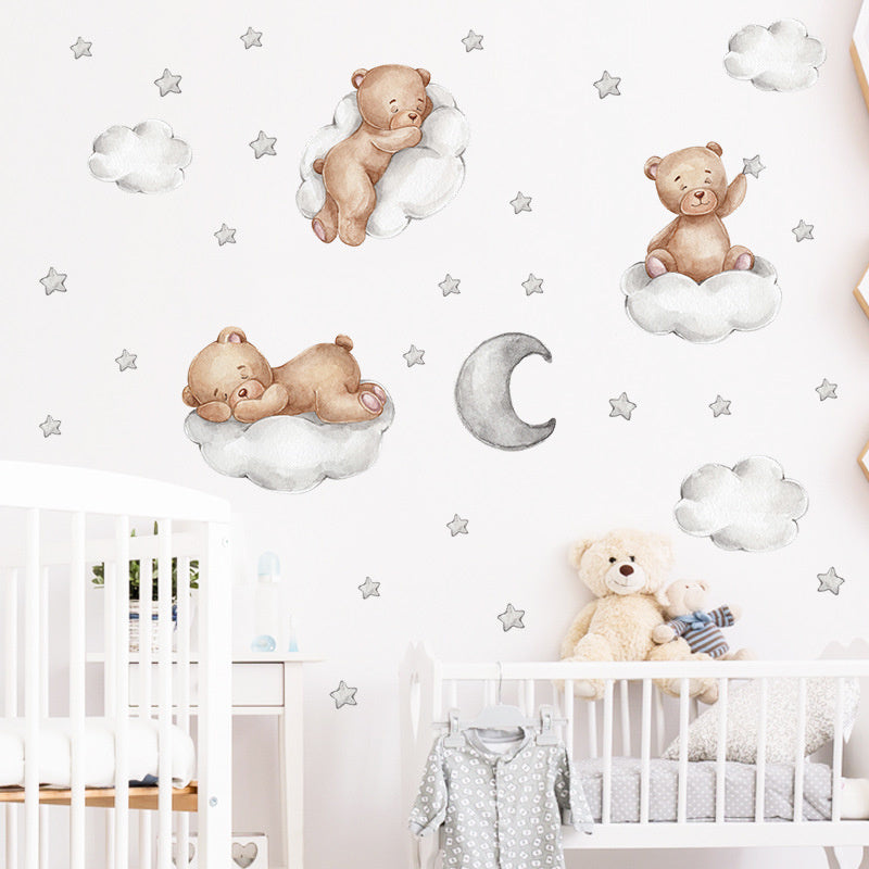 Muursticker beertjes op wolken en sterren  kinderkamer grijs