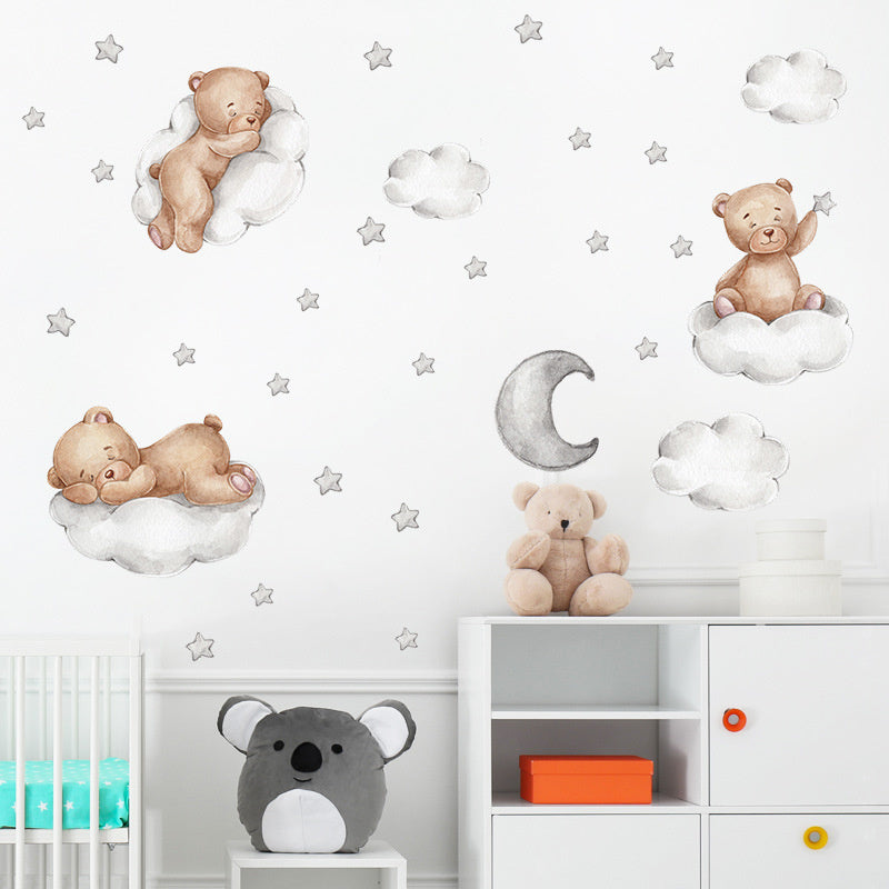 Muursticker beertjes op wolken en sterren  kinderkamer grijs