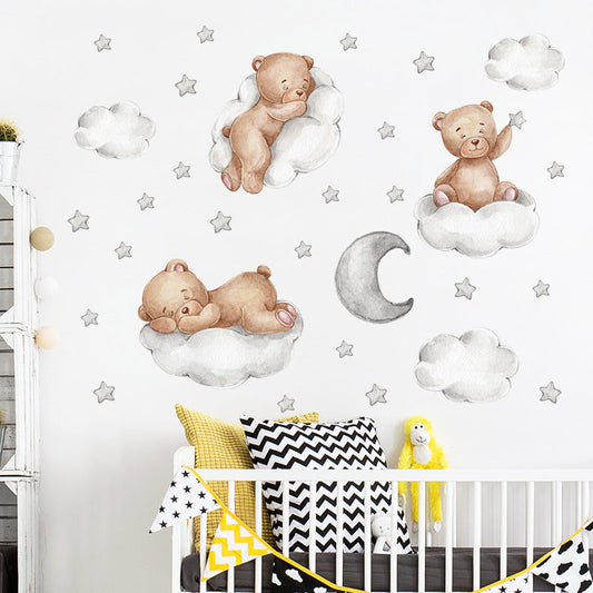 Muursticker beertjes op wolken en sterren  kinderkamer grijs