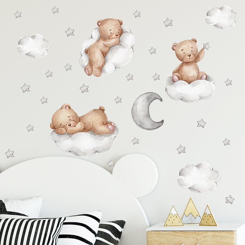 Muursticker beertjes op wolken en sterren  kinderkamer grijs