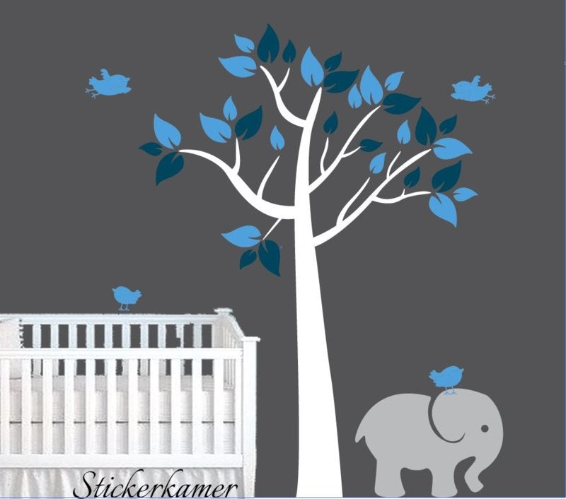 Muursticker boom baby kamer olifant (kleuren aanpasbaar)