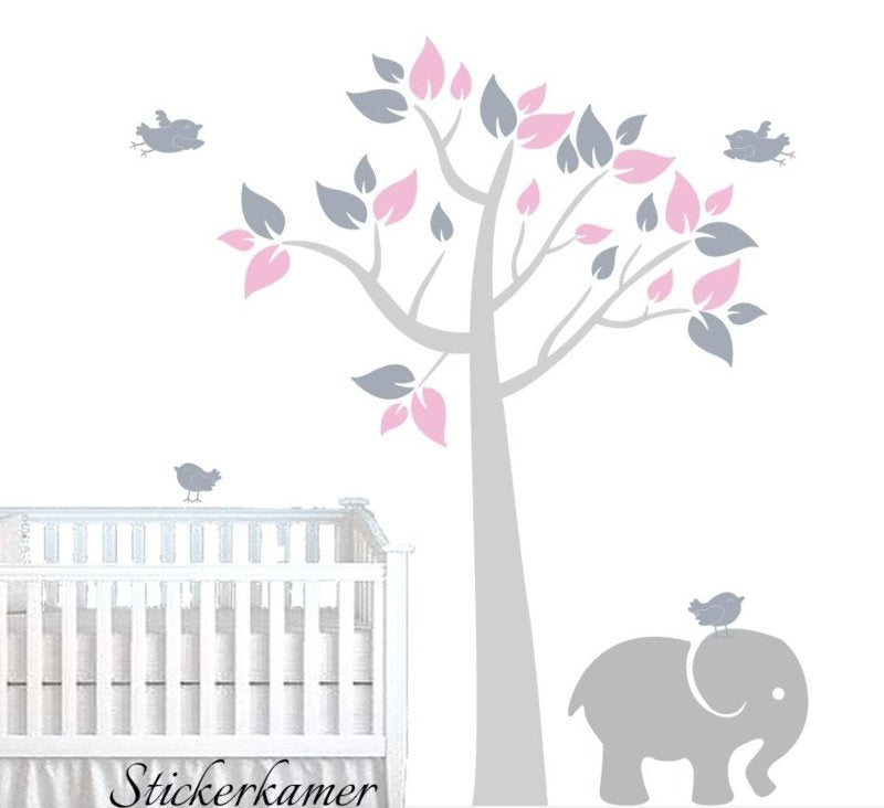 Muursticker boom baby kamer olifant (kleuren aanpasbaar)