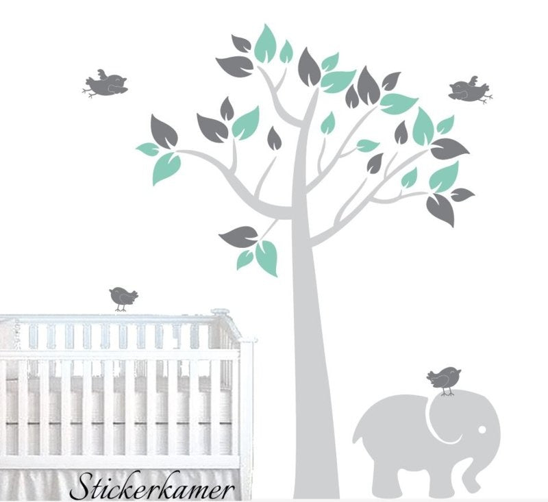 Muursticker boom baby kamer olifant (kleuren aanpasbaar)