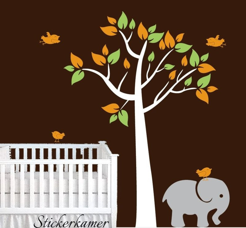 Muursticker boom baby kamer olifant (kleuren aanpasbaar)