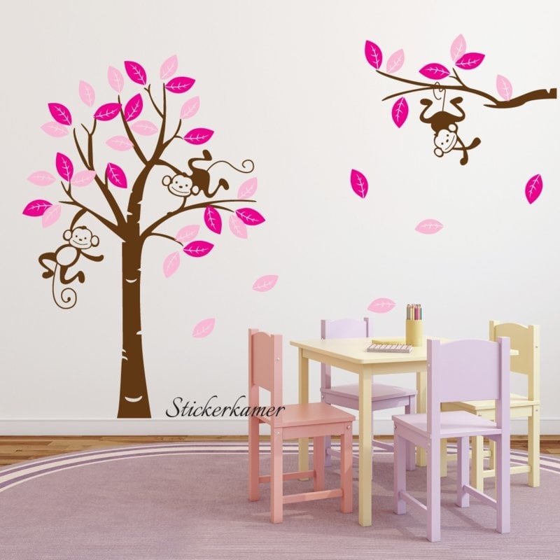 Muursticker boom en aap kinderkamer roze meisjes