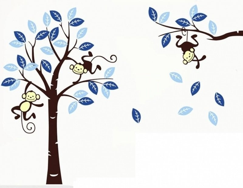 Muursticker boom met aapjes blauw babykamer