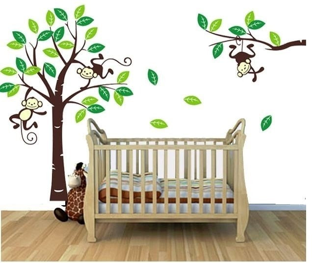 Muursticker boom met apen groen kinderkamer