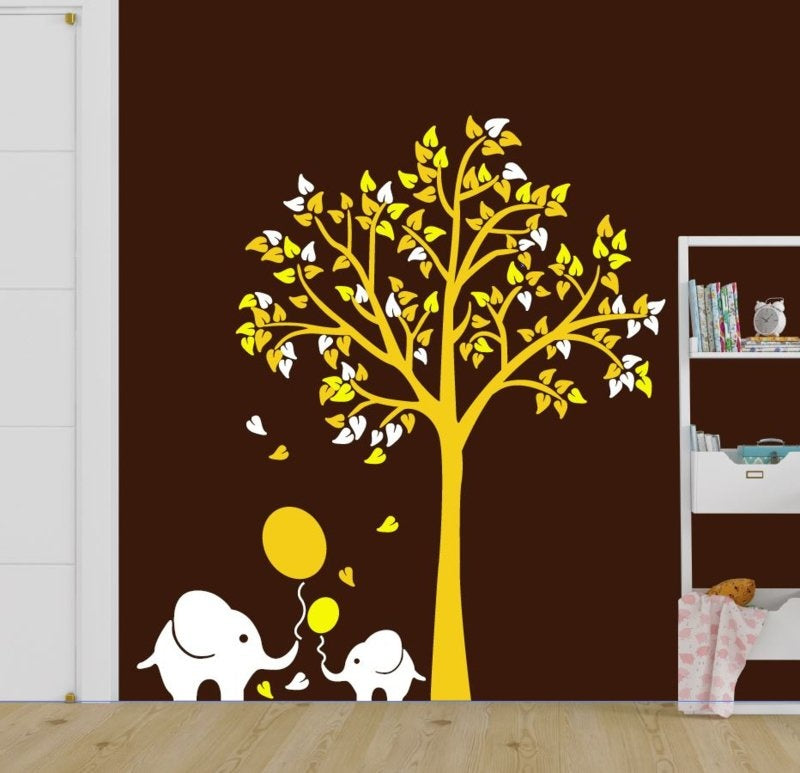 Muursticker boom met olifant geel babykamer
