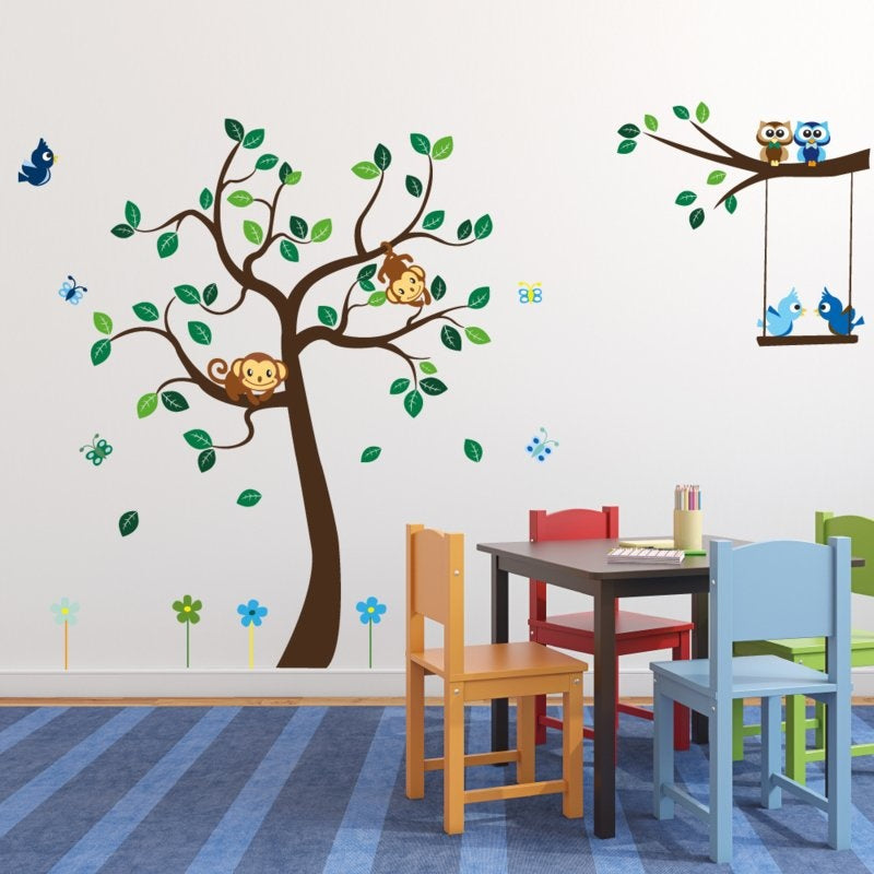 Muursticker boom met tak en dieren XL (jongenskamer)