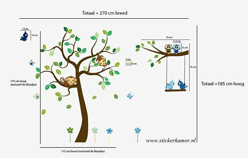 Muursticker boom met tak en dieren XL (jongenskamer)