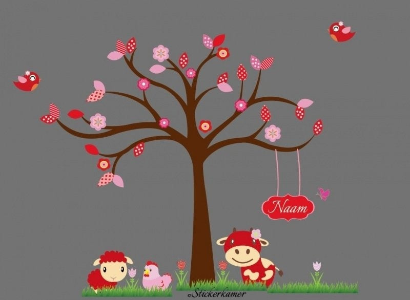 Muursticker boom met tulpen en dieren