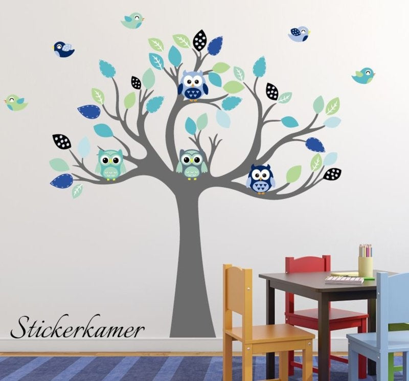 Muursticker boom met uilen en vogels babykamer
