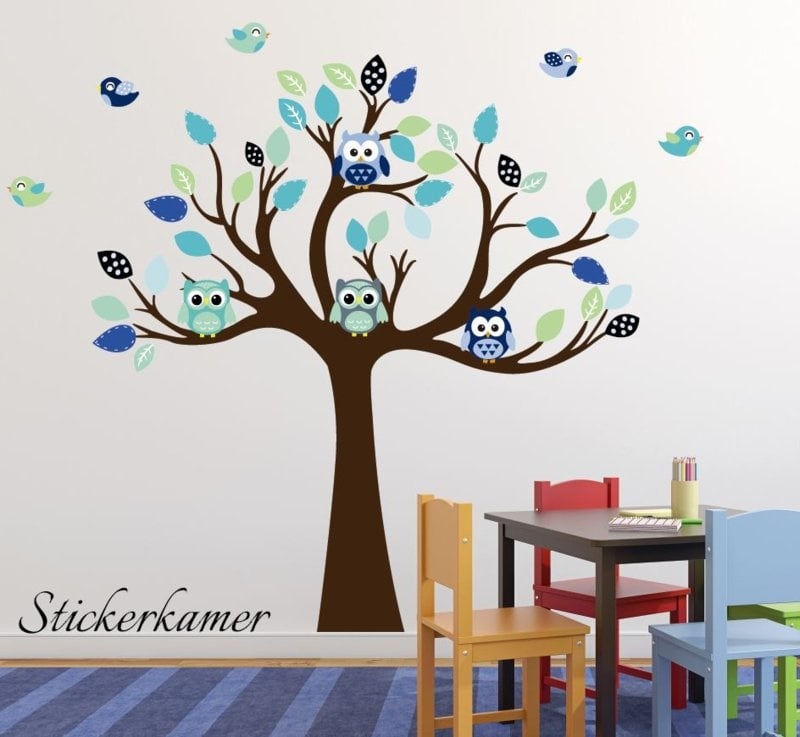 Muursticker boom met uilen en vogels babykamer