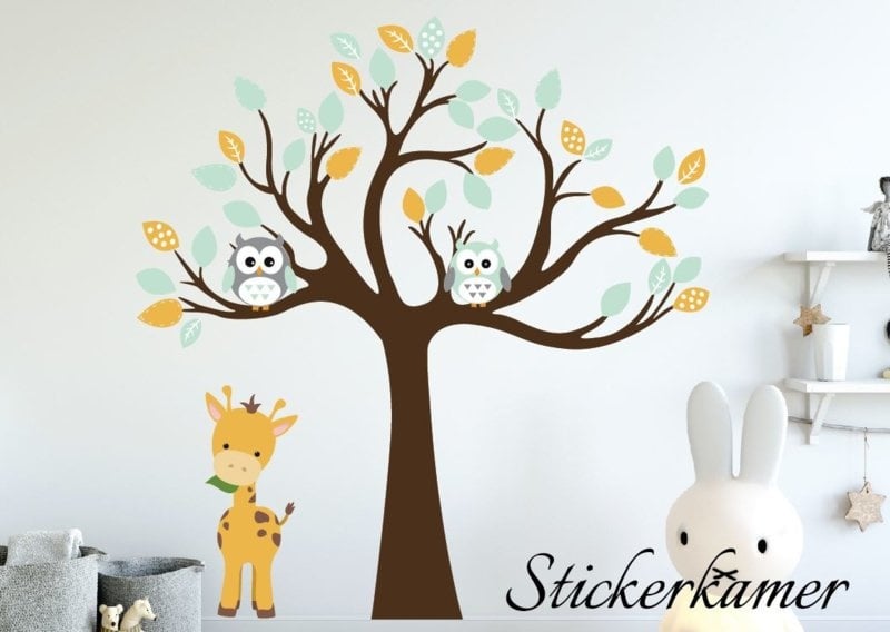 Muursticker boom met uilen en vogels babykamer