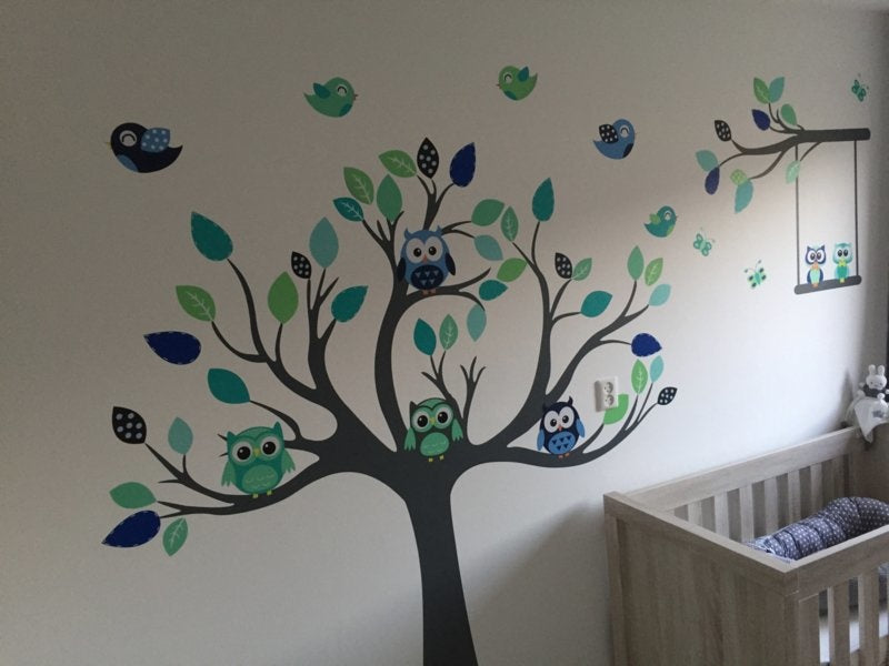 Muursticker boom met uilen en vogels babykamer