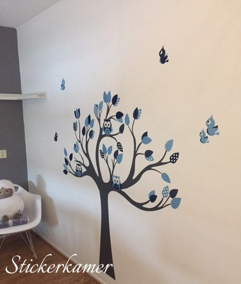 Muursticker boom met uilen en vogels  babykamer