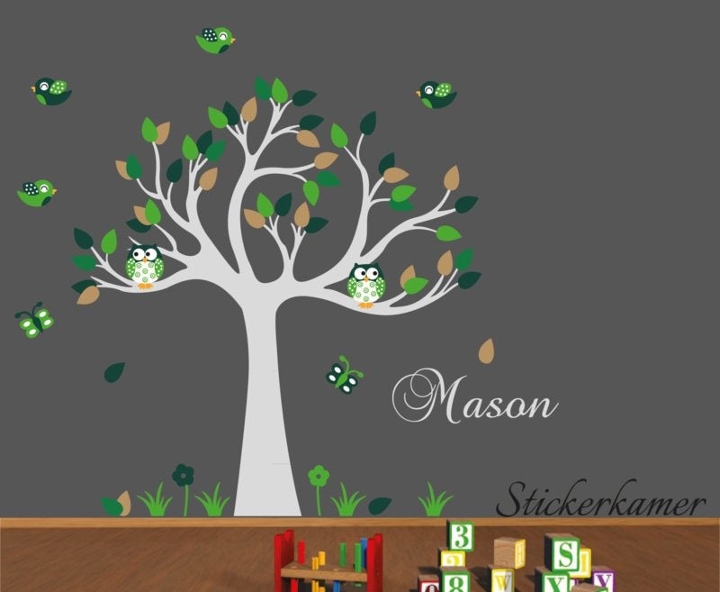 Muursticker boom met uilen en vogels kinderkamer groen thema