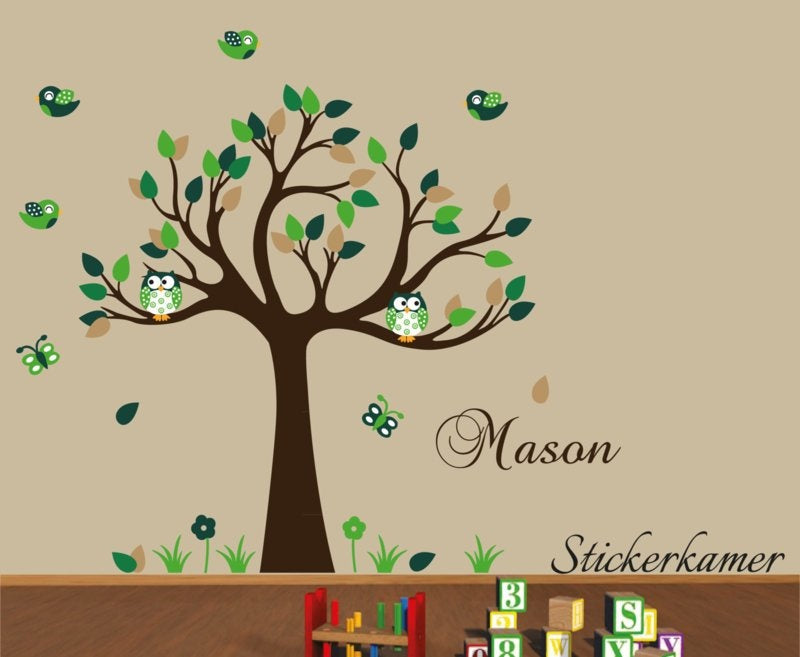 Muursticker boom met uilen en vogels kinderkamer groen thema