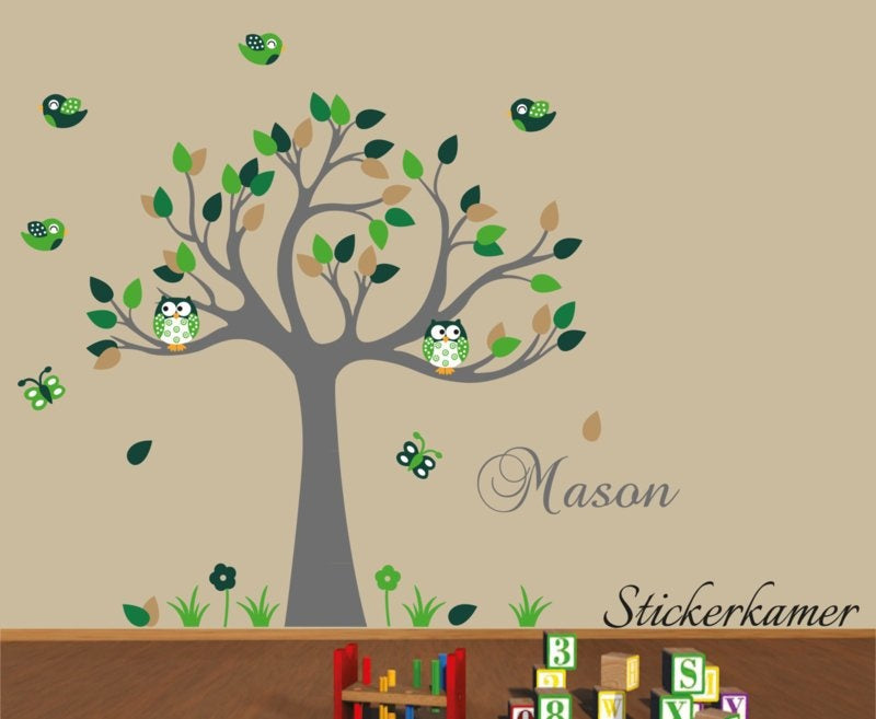 Muursticker boom met uilen en vogels kinderkamer groen thema