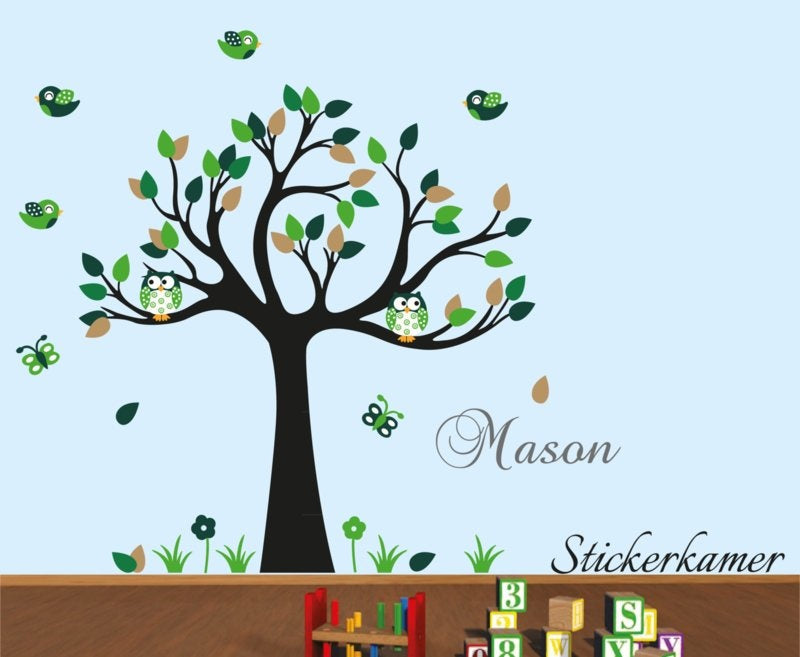 Muursticker boom met uilen en vogels kinderkamer groen thema
