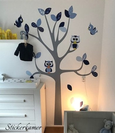 Muursticker boom met uilen en vogels kinderkamer jongen