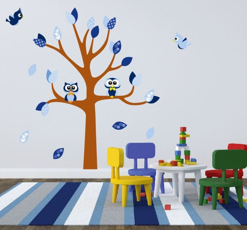 Muursticker boom met uilen en vogels kinderkamer jongen