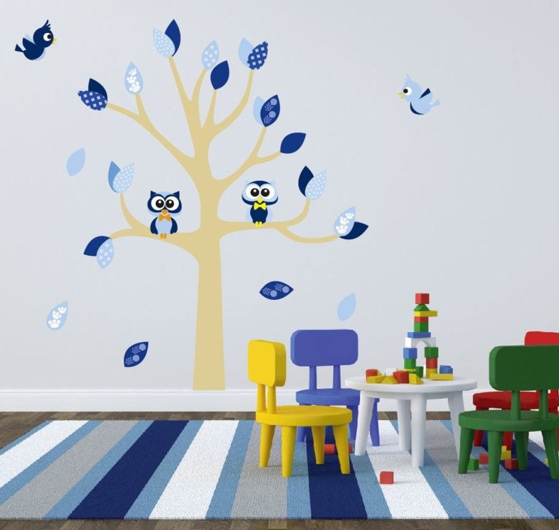 Muursticker boom met uilen en vogels kinderkamer jongen