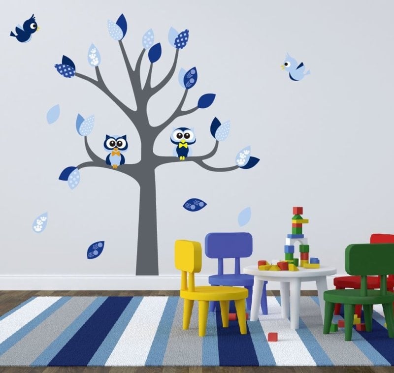 Muursticker boom met uilen en vogels kinderkamer jongen