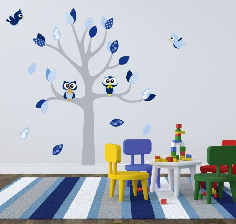 Muursticker boom met uilen en vogels kinderkamer jongen