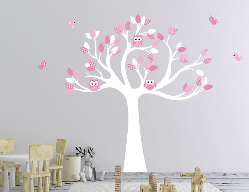 Muursticker boom met uilen en vogels kinderkamer meisjes (zacht roze)