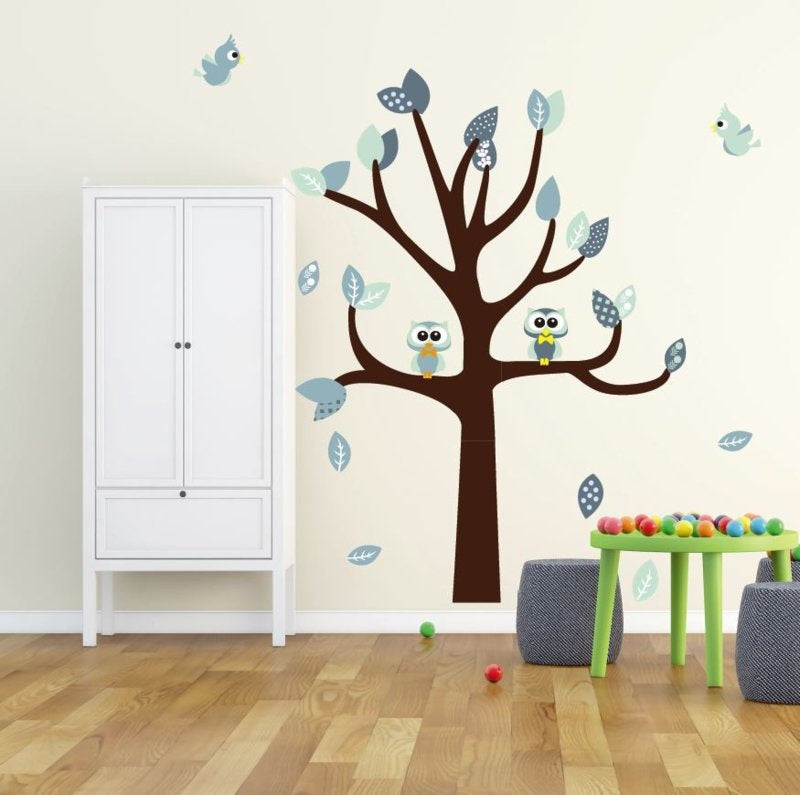 Muursticker boom met uilen en vogels kinderkamer (mint)