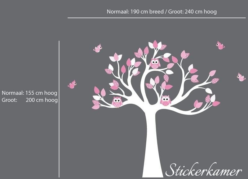 Muursticker boom met uilen en vogels kinderkamer meisjes (zacht roze)