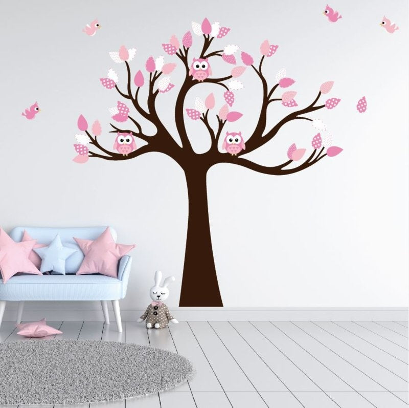 Muursticker boom met uilen en vogels kinderkamer meisjes (zacht roze)