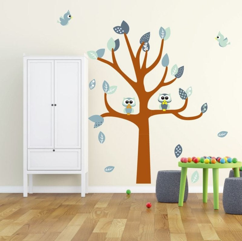 Muursticker boom met uilen en vogels kinderkamer (mint)