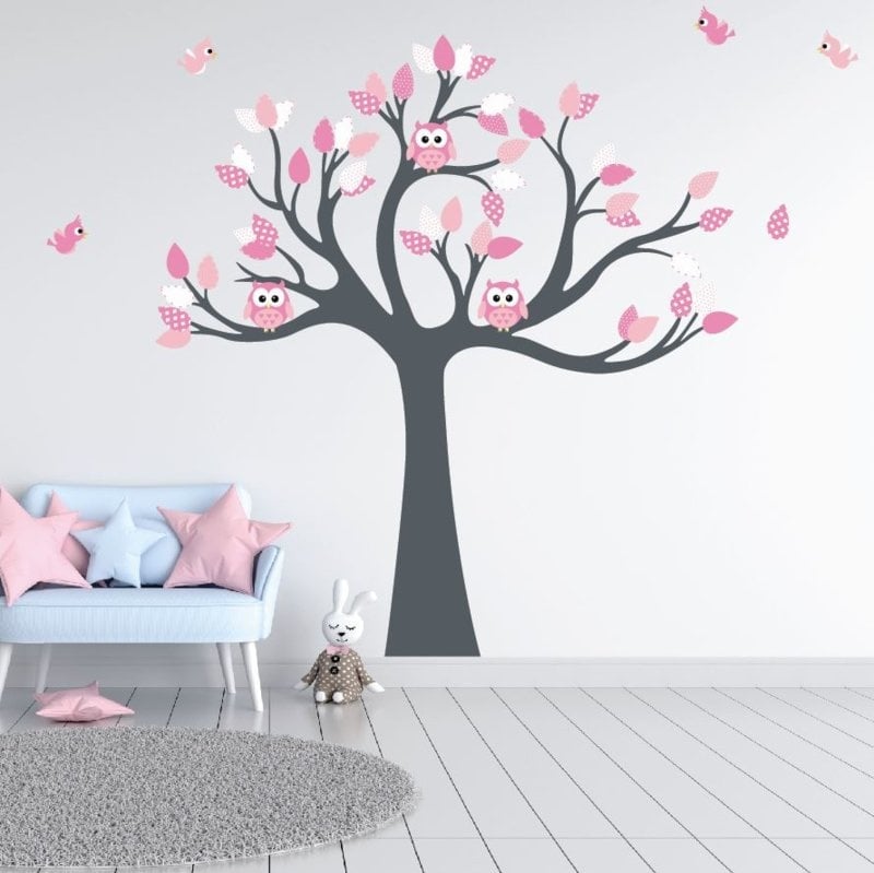 Muursticker boom met uilen en vogels kinderkamer meisjes (zacht roze)