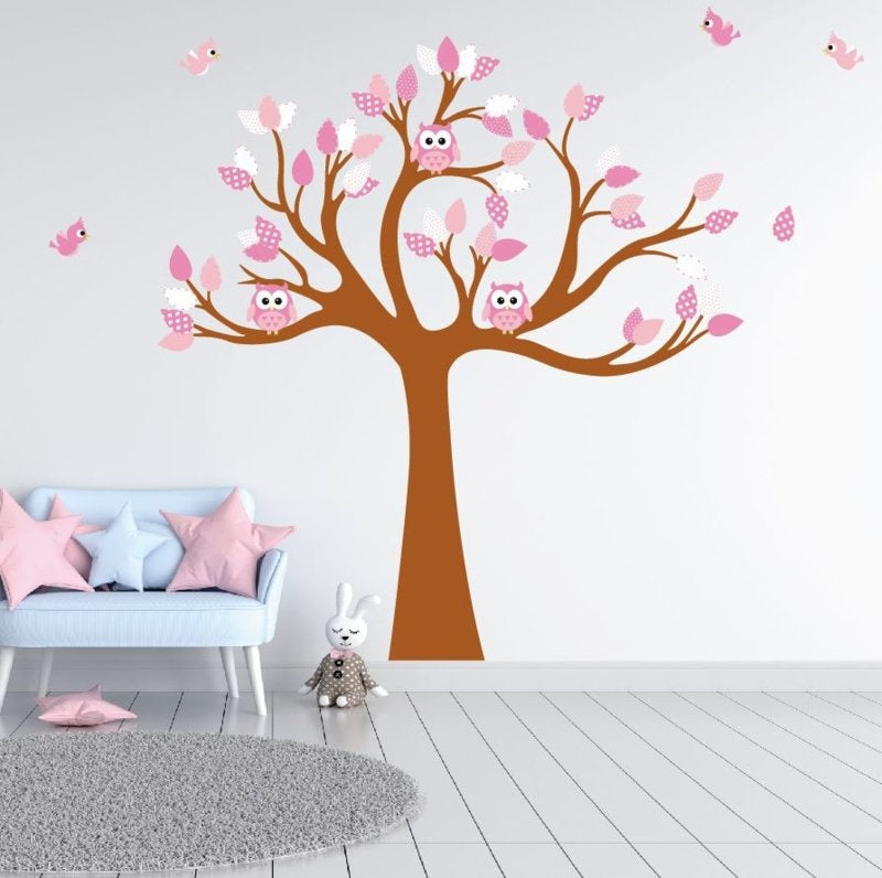 Muursticker boom met uilen en vogels kinderkamer meisjes (zacht roze)