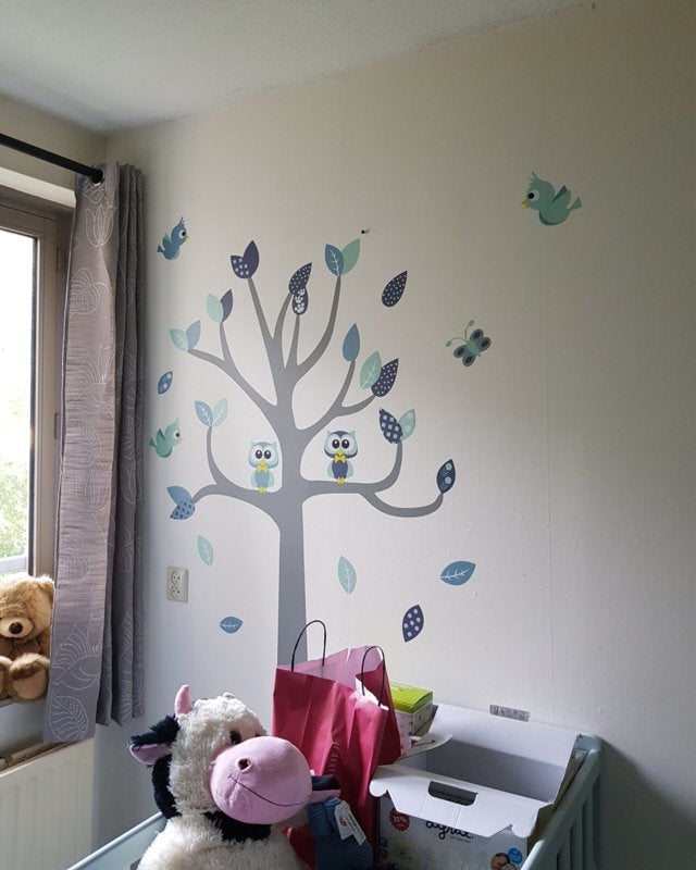 Muursticker boom met uilen en vogels kinderkamer (mint)