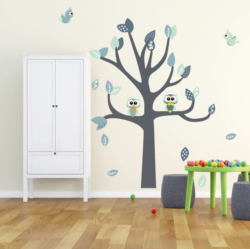 Muursticker boom met uilen en vogels kinderkamer (mint)