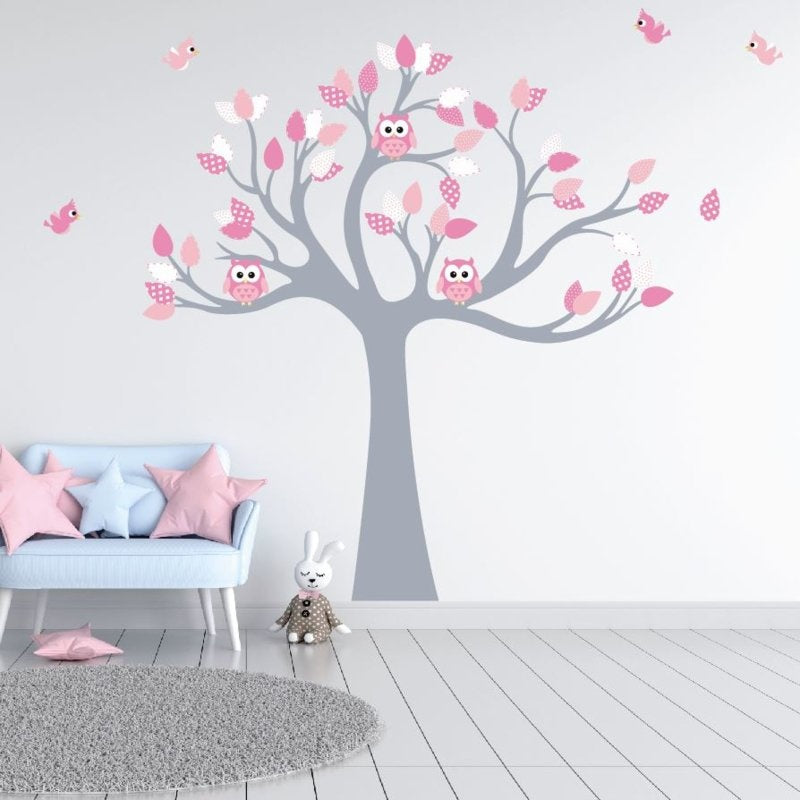 Muursticker boom met uilen en vogels kinderkamer meisjes (zacht roze)