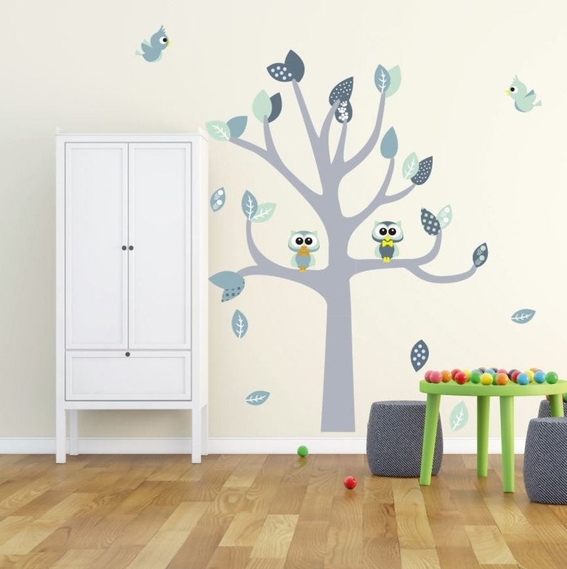 Muursticker boom met uilen en vogels kinderkamer (mint)