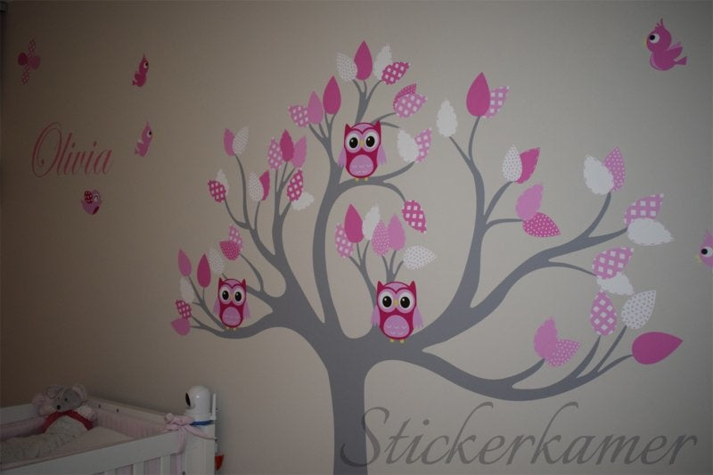 Muursticker boom met uilen en vogels kinderkamer meisjes (zacht roze)