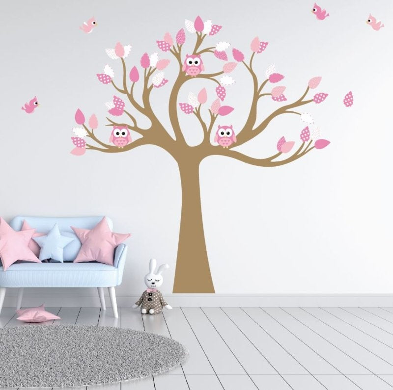 Muursticker boom met uilen en vogels kinderkamer meisjes (zacht roze)