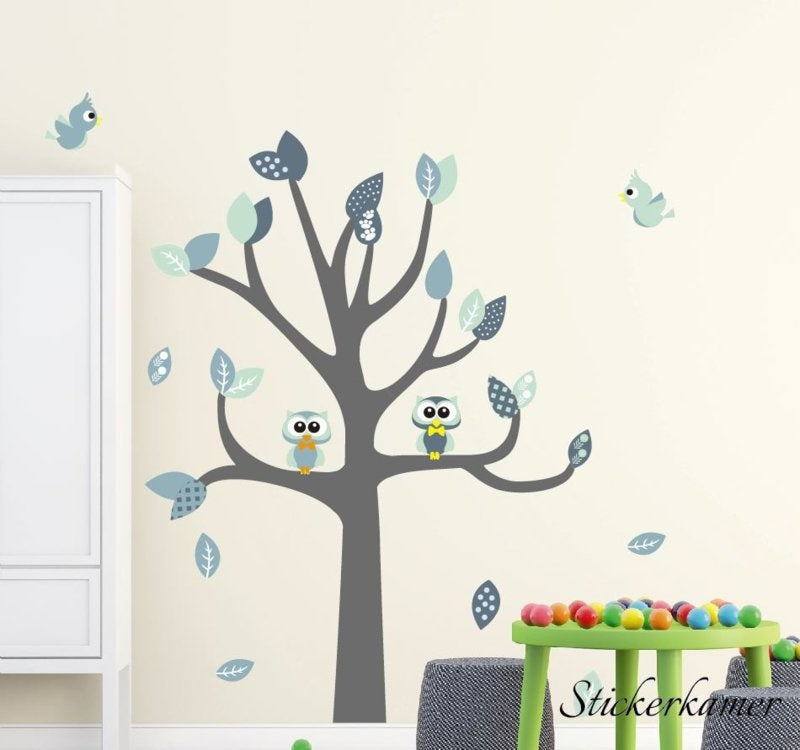 Muursticker boom met uilen en vogels kinderkamer (mint)